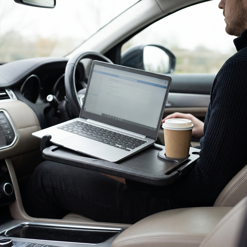 Steering wheel desk holding a laptop and coffee in a parked car