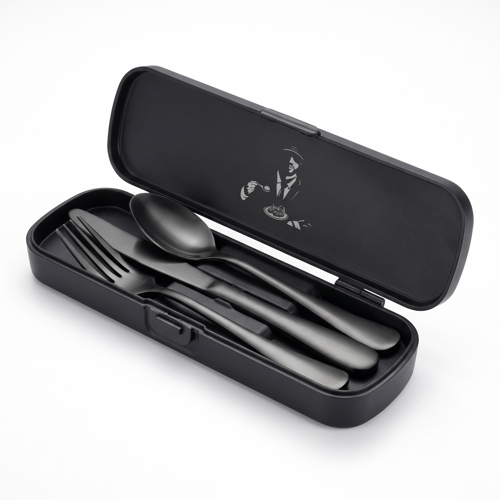 Cutlery case open showing the fork, knife and spoon nested inside