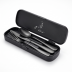 Cutlery case open showing the fork, knife and spoon nested inside
