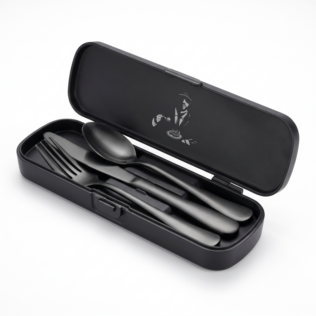 Cutlery case open showing the fork, knife and spoon nested inside