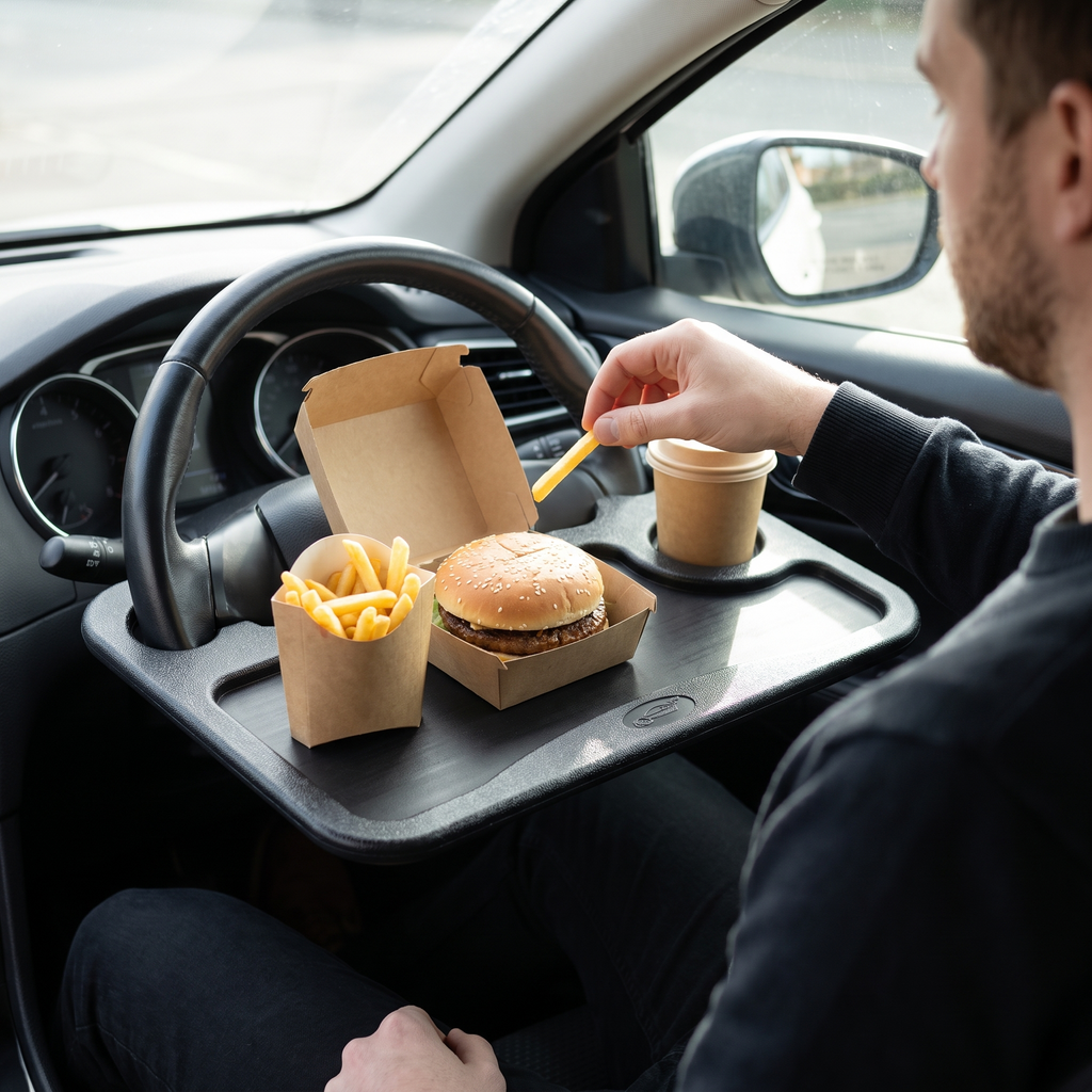 Eating a burger and chips off the steering wheel desk in a parked car