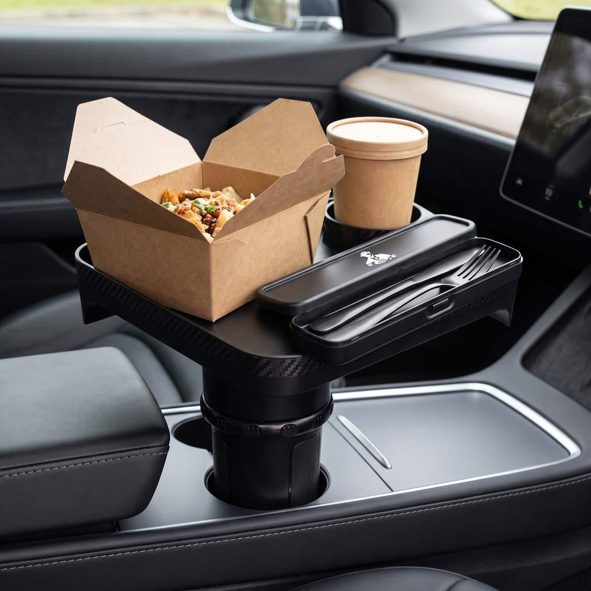 Cutlery case on the Rockafellas car dining tray with a takeaway