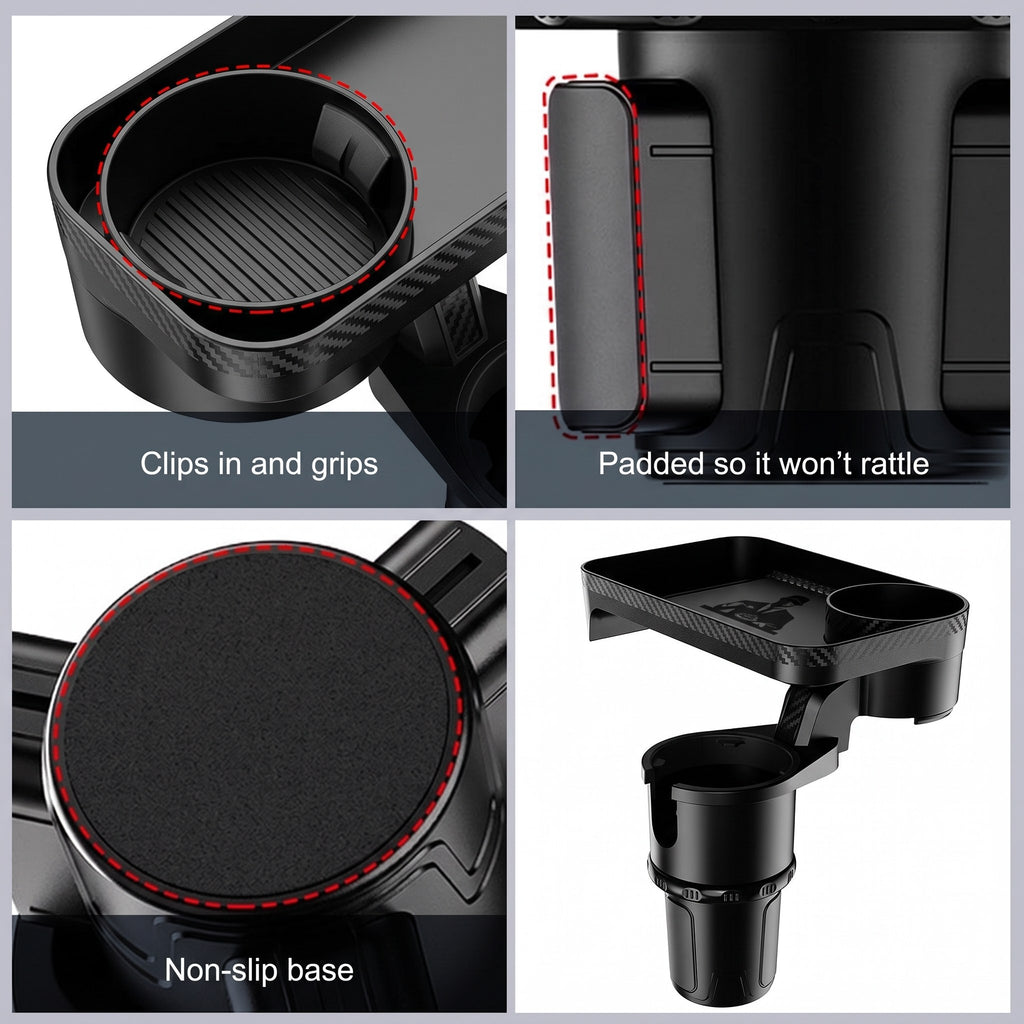 Clips in and grips, padded so it will not rattle, non-slip base