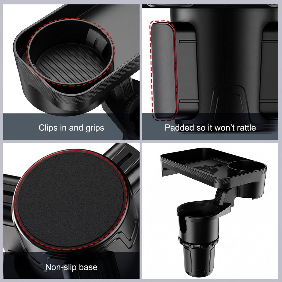 Clips in and grips, padded so it will not rattle, non-slip base
