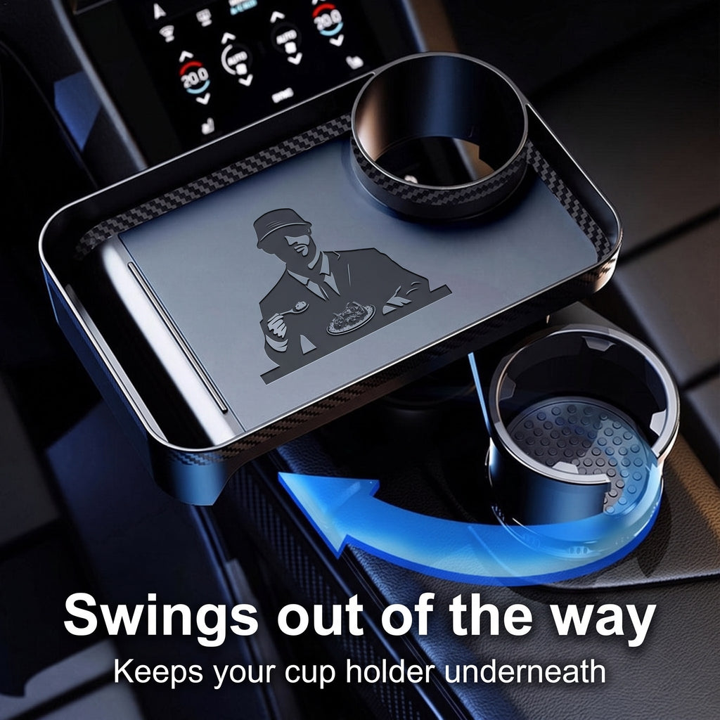 Swings out of the way and keeps your cup holder underneath