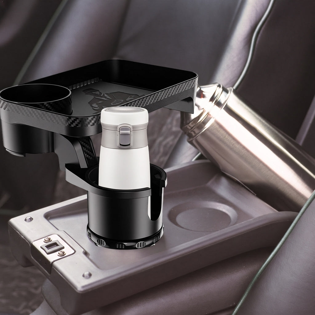 Tray mounted in a car centre console holding a flask